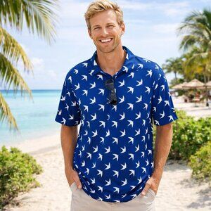 Medium mens VINCERO short sleeve blue & white casual shirt.  Button neck. NWT